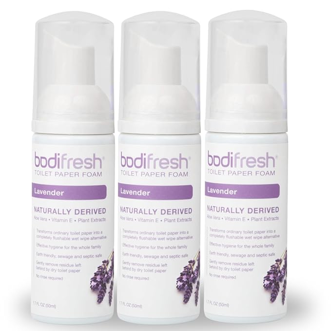 Toilet Paper Foam, Liquid Wet Wipe | Plant-Based, Eco Friendly Flushable Wet Wipe Alternative with Aloe & Vitamin E (1.7 Fl Oz (Pack of 3), Lavender)