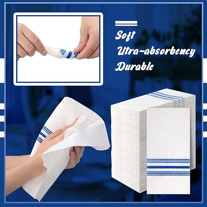 Jetec 200 Pack Guest Napkins Disposable Paper Hand Towels Bathroom Decorative Napkins Linen Feel Soft Absorbent Bulk Dinner Paper Towels for Kitchen Event Wedding Christmas Party(Blue Stripe)