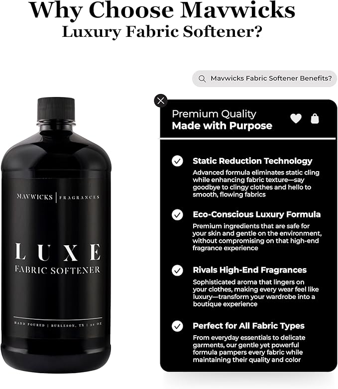 Mavwicks Fragrances - Luxury Scented Liquid Fabric Softener (Luxe) 32 Oz – Crafted with Clean Ingredients – Reduces Static, and Softens Clothes – Safe for All Fabrics and Skin