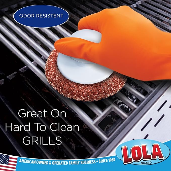 LOLA Copper Mesh Scouring Pad w/Comfort Knob, 6 Pack, Heavy Duty Cleaning Pads, Knitted Wire Mesh, Cleans Caked-On & Baked-On Messes