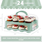 MosJos EXTRA TALL DOME 24 Cupcake Carrier, Green Cupcake Holder Carries 24 Cupcake Storage Container, Muffin Traveler Two Tier Stand Reusable Cupcake Box