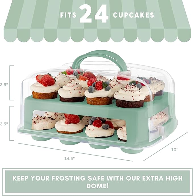 MosJos EXTRA TALL DOME 24 Cupcake Carrier, Green Cupcake Holder Carries 24 Cupcake Storage Container, Muffin Traveler Two Tier Stand Reusable Cupcake Box