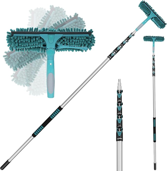 36 Feet High Reach Window Squeegee with 7-30 Ft Extension Pole, Window Cleaner Tool with 5-Stage Telescoping Pole, Window Cleaning Kit with Rotatable Head (2 Squeegee & 2 Microfibre Cloths)