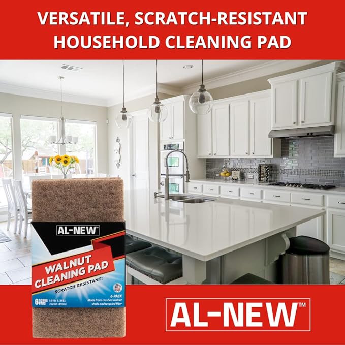AL-NEW Walnut Cleaning Pads | Versatile, Scratch Resistant Household Cleaning & Scouring Pads for Kitchen Cleaning, Dishes, Pots, Pans & More (6 Pack)