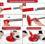 Spin Mop and Bucket with Wringer Set, 360° Spinning Mop Bucket System with 3 Microfiber Mop Replacement Heads, Adjustable Handle for Floor Cleaning (red)