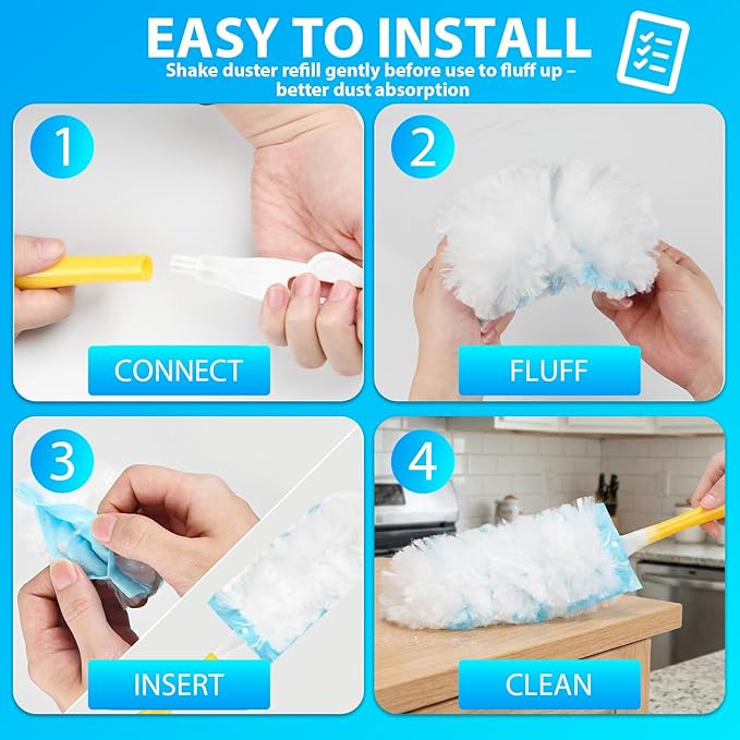 50 Count Disposable Duster Refills for Swiffer Dusters with 1 Handle - 360° Multi-Surface Larger Size Feather Dusters, Dusting Kit for Cleaning Home, Furniture, Blinds and Ceiling Fans