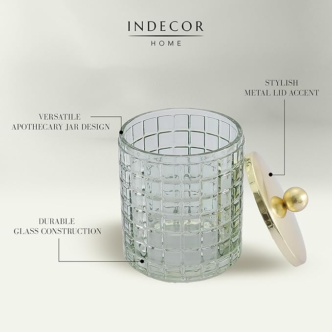 Sage Colored Tranlucent Apothecary Etched Geometric Grid Glass Jar W/Gold Metal Lid Cover for Bathroom Organization, Cotton Balls, Q Tips, and Small Accessories, Bathroom Storage