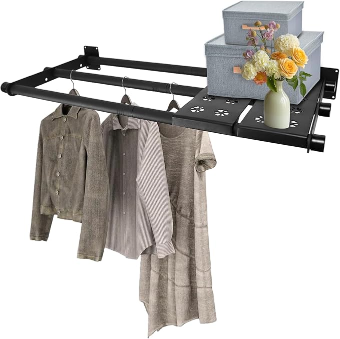 Closet Shelves Wall Mounted, 57 Inches Heavy Duty Closet Rod with Shelf Metal Utility Shelf for Wall, Closet, Laundry Room