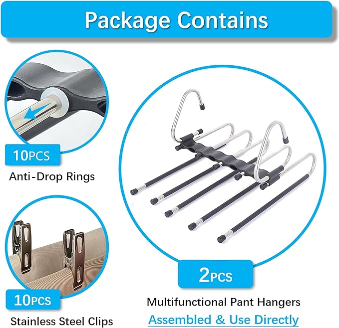 Magic Pants Hangers Space Saving - 2 Pack for Closet Multiple Layers Multifunctional Uses Rack Organizer for Trousers Scarves Slack (2 Pack with 10 Metal Clips)
