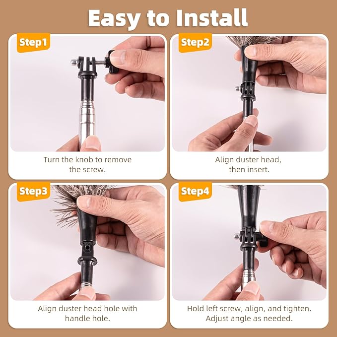 Extendable Ostrich Feather Duster with 19-49 inch Rotatable Stainless Steel Pole, Natural Feather Duster for Ceiling Fan Cobweb Dusting, Reusable Flexible Cleaning Duster(Include 2 Replacement Heads)