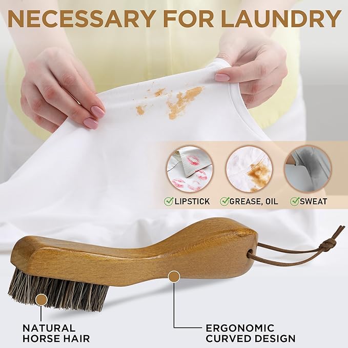 TAKAVU Stain Brush, Laundry Brush for Stain Removal, Natural Horse Hair Cleaning Brush with Ergonomic Handle, Suitable for Delicate Fabrics Without Damage, Perfect Laundry, Shoes, Boots, Home