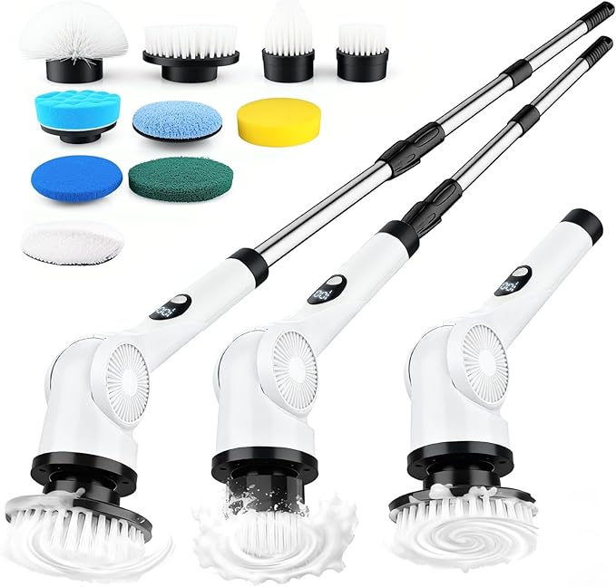 Electric Spin Scrubber, 3-Speed Cordless Shower Scrubber with Long Handle & 10 Replaceable Brush Heads, 90 Mins Runtime & Full-Body IPX7 Waterproof Shower Cleaner Brush for Bathroom Kithchen