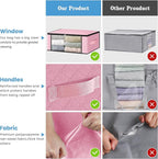 HomeHacks Storage 6-Pack Clothes Organizer Storage Bags Foldable Storage Box with Large Clear Window Sturdy Handles for Closet, Dorm, Pillows, Bedding, Clothes, Blankets, 35L, Pink