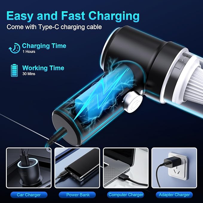 Handheld Vacuum Cordless Rechargeable, 13000pa Car Vacuum Portable Cordless, Type-C Lightweight Mini Handheld Vacuum Cleaner, High Power Car Vacuum Cleaner with LED Light for Car Home Pet Hair (Black)