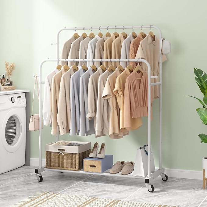 Laiensia Double Rods Garment Rack with Wheels, Clothing Rack for Hanging Clothes,4 Hooks, Multi-functional Bedroom Clothes Rack, White