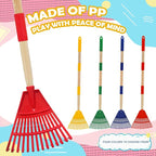Kids Leaf Rake - 3-Section Adjustable Handle, Lightweight, Wood & Plastic, Small Garden Tool for Children (Red)