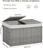 Storage Basket with Lid Rattan Storage Basket with 2 Separate Lid, 27.8 Gallon (105 L) 25.2 * 15.4 * 16.1 Inches Woven Wicker Baskets with 2 Liners and Handles for Bedroom Laundry-Gray