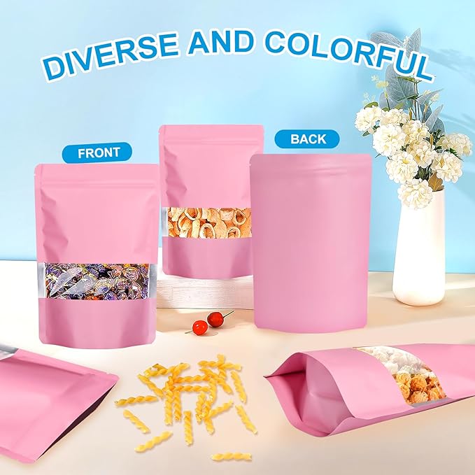 100PCS Mylar Bags for Food Storage, Smell Proof Bags Resealable Food Packaging for Small Business Stand Up Pouches with Window, 3.94" x5.9", Pink