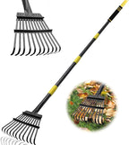Garden Leaf Rakes, 6FT Rakes for Lawns Heavy Duty 11 Metal Tines 9 inch Wide, Adjustable Long Steel Handle, Small Shrub Rake, Gathering Leaves (Black)