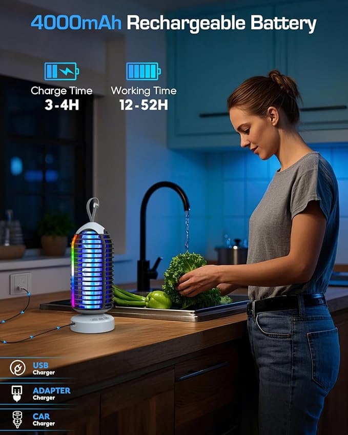 (2 Pack) Bug Zapper Outdoor with Marquee Light, Cordless Mosquito Zapper, 4000mAh Rechargeable Bug Zapper Indoor, Auto On/Off Waterproof Mosquito Trap Fly Zapper for Patio Backyard Kitchen Camping