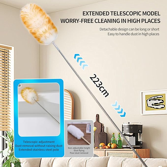 Lambswool Duster for Cleaning with Solid Wooden Handle Leather Hang Strap 87.8" Removable Retractable Feather Duster for Cleaning Ceiling Fans Window Blinds Interior Roof Furniture(2 Pack)