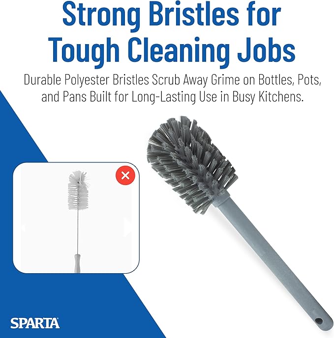 SPARTA 12 Inch Bottle Brush with Polyester Bristles and Plastic Handle, Color Coded, Large Round Head Cleaner for Bottles Jars and Food Service Equipment, Gray