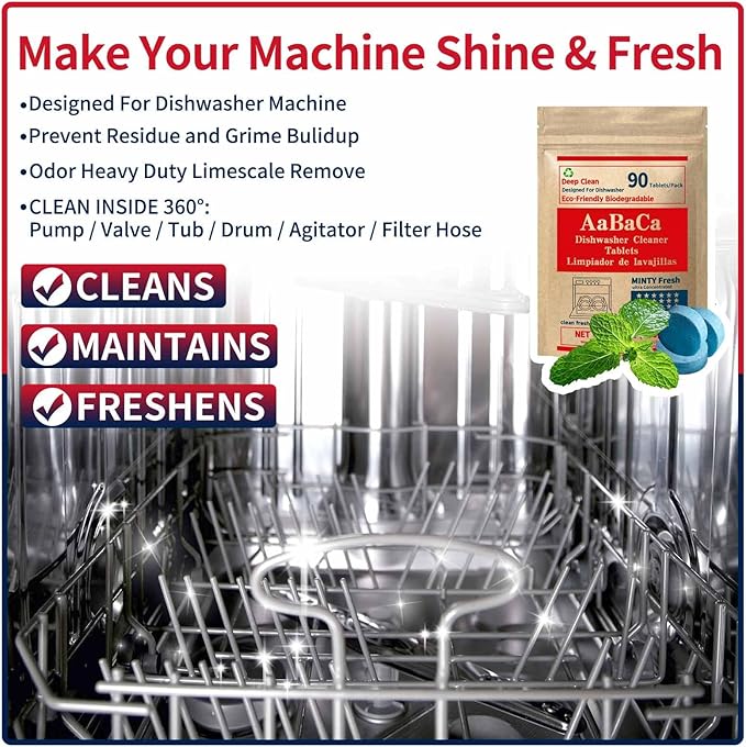 Dishwasher Cleaner Tablets 90 Counts Mint Fresh Tabs Deep Cleans inside 360° Grease Limescale Cleaning More Active Eco Friendly Plastic Free Long Lasting,Cleans The Machine Not The Dishes