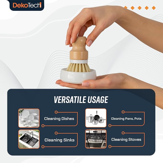 Dekotech Premium Bamboo Dish Scrub Brush Eco-Friendly & Heavy-Duty Kitchen Cleaning Tool with Durable Natural Bristles, Ergonomic Wooden Handle for Effortless Dishwashing & Surface Scrubbing
