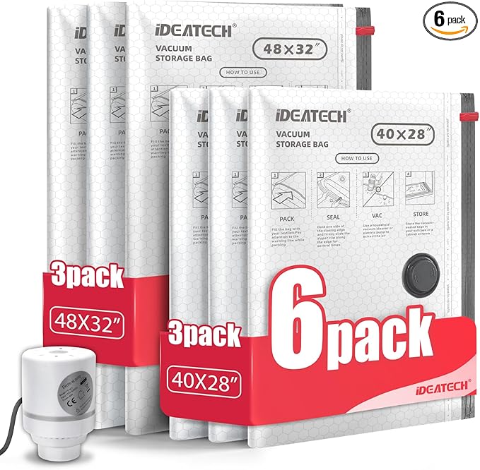 IDEATECH 6Pack Vacuum Storage Bags with Electric Pump, Jumbo Vacuum Seal Bags for Clothing, Bedding & Blankets, Heavy Duty Compression Space Saver with Airtight Seal, Small Space Storage Pack-3L+3XL