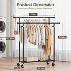 HYSEYY Clothes Rack, Double Rods Rolling Clothing Rack for Hanging Clothes, Portable Garment Rack with Wheels, Coat Rack Wardrobe Closet Load 240 LBS for Bedroom Laundry Room, Black