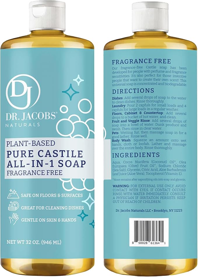 Dr. Jacobs Naturals Fragrance Free Castile All-in-One Cleaner and Soap - Plant-Based Formula for House Cleaning Floors and Appliances - Gentle on Skin and the Planet - 32 oz, 2 Pack