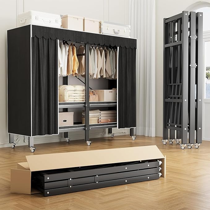 Heavy Duty Portable Closet with Cover 1200Ibs Foldable Covered Clothes Rack for Hanging Clothes Armoire Wardrobe Closet System Freestanding Coat Storage Garment Racks (150cm/59in（black）)