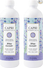 CAPRI ESSENTIALS Dish Soap Liquid, Natural Household Cleaning, Plant Based Aromatic Dish Detergent, Blend of Essential Oils with Juniper & Chamomile, White Lavender, 16 FL Oz (2 Pack)