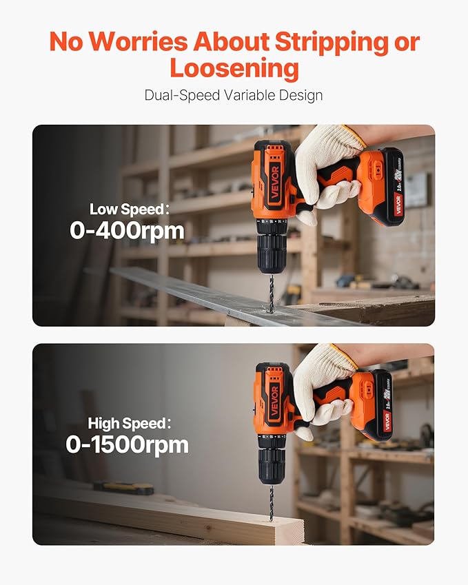 VEVOR Cordless Drill Driver, 1/2 inch Metal Chuck, Dual-Speed Variable, Drill Driver Kit with Lithium Battery and Charger, Belt Clip, for Wood and Metal Drilling, Screw Tightening or Loosening