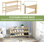 ROMGUAR CRAFT 3-Tier Bamboo Long Shoe Rack, Free Standing Wood Shoe Shelf Storage Organizer for Closet Entryway Stackable 35"x11"x20" (Natural)