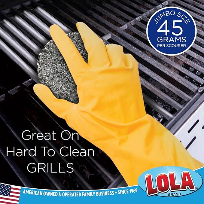 LOLA Steel Wool Wire Mesh Scouring Pad, 2 Pack, 4" Jumbo, Galvanized Steel, Heavy Duty Cleaning, Abrasive Scrubber, for Pots, Pans, Ovens, Grills