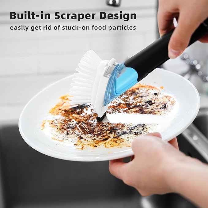 SUBEKYU Dish Brushes with Soap Dispenser, Kitchen Dish Scrubber Brushes with Handle, Dishwashing Cleaning Scrubbers for Dishes/Pans/Pots, Black, 2Pack