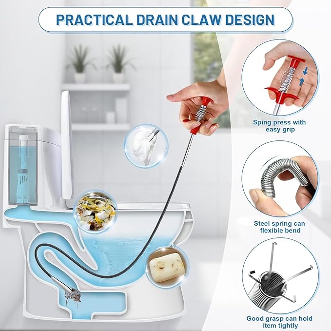 Drain Snake Hair Drain Clog Remover, 61 Inch Shower Snake Sink Unclogger Tool for Home Sink, Bathroom Tub,Drain, Toilet, Tight Spaces