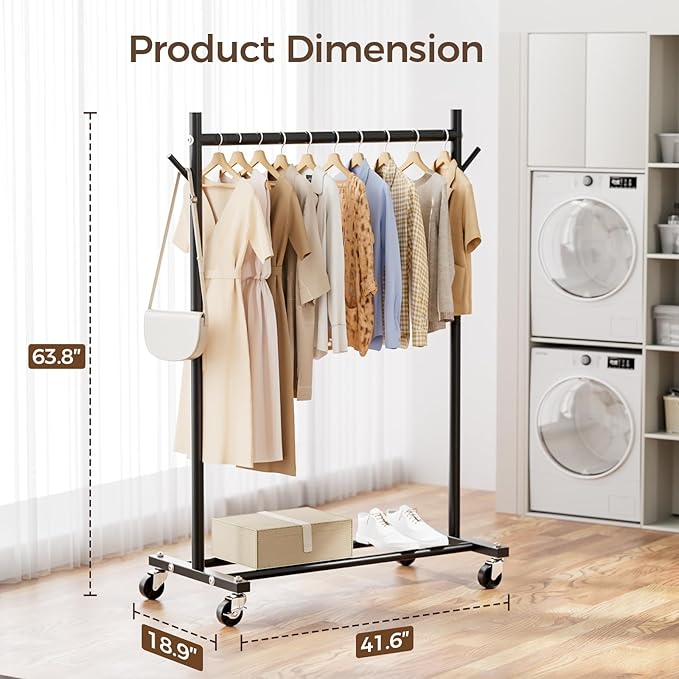 Clothes Rack, 3-in-1 Clothing Rack for Hanging Clothes, Rolling Garment Rack with Coat/Hat Hooks, Portable Coat Rack, Sturdy Wardrobe Rack Metal Closet Rack 280LBS for Bedroom Living Room, Black