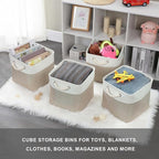 Mangata Canvas Storage Boxes, 11 Inch Cube Storage Bins Set of 6, Fabric Baskets with Cotton Rope Handle for Organizing Clothes Nursery Home (Khaki/White)