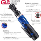 ACDelco ARW1209-P2 G12 Series 12V Li-ion Cordless 3/8” 45 ft-lbs. Ratchet Wrench Tool Kit with 2 Batteries