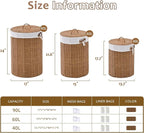 Round Wicker Laundry Hamper with Lid Handwoven Rattan Basket with Handles for Dirty Clothes, 2 Washable Liner Bags, No Assembly Required, Washable Basket, 90L