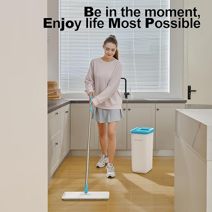 Mop and Bucket Set, Mops for Floor Cleaning, Squeeze Flat Mop and Bucket System, Dry & Wet Wall Mop Cleaner with Long Handle for Household Cleaning with 4 Microfiber Mops, Turquoise-Cyan