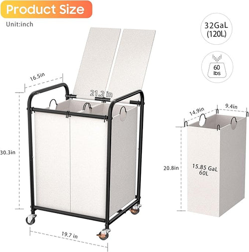 120L (31.7 Gal) Laundry Sorter 2 Section, Rolling Laundry Basket with Lockable Wheels and Lid, Laundry Hamper with 2 Separated Removable Bags Dirty Clothes Hamper for Laundry Room Organizer, White