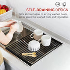 MERRYBOX 20.5" x 13" Roll Up Dish Drying Rack Silicone Wrapped Over The Sink Dish Drying Rack Multipurpose Foldable Sink Drying Mat, Heat-Resistant & Anti-Rust Dish Rack for Kitchen Sink, Large, Black