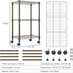 M MZG 3 Tier Shelf Metal Storage Shelves Wire Rack Closet Organizers with Wheel for Garage Kitchen Bathroom Laundry Brown 11.8" D x 17.7" W x 29.8" H