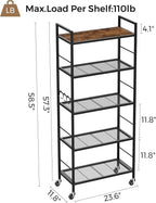 5-Tier Metal Storage Rack with Industrial Wheels,Mesh Shelving Unit with Wooden Table top,Adjustable Shelf,23.6-Inch Width,for Kitchen, Laundry,Pantry,Plant,Black