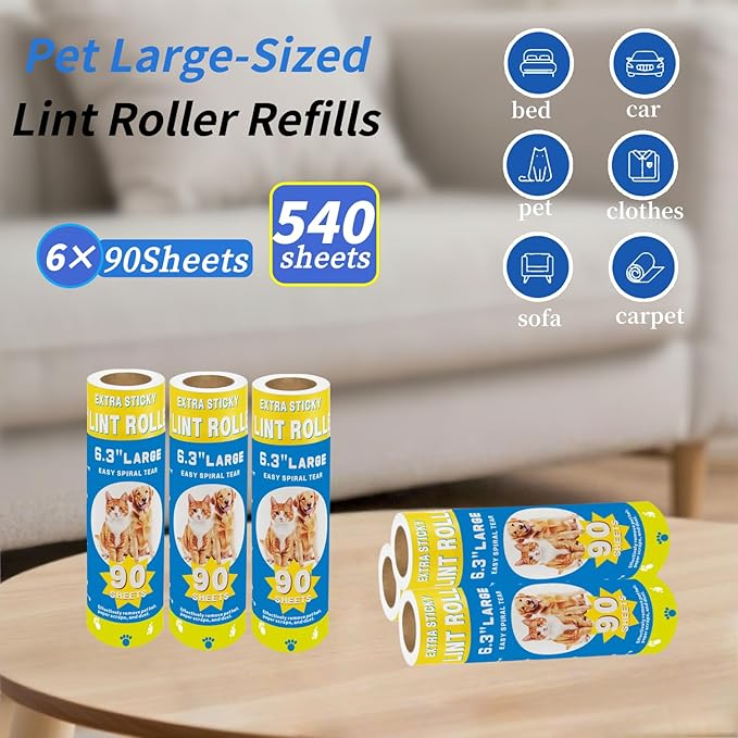 Large Lint Roller Refills for Pet Hair Sheets Extra 6.3 Inch 540Sticky Portable Pet Lint Remover for Clothes, Floor, Furniture, Carpet, Dog and Cat Hair Removal