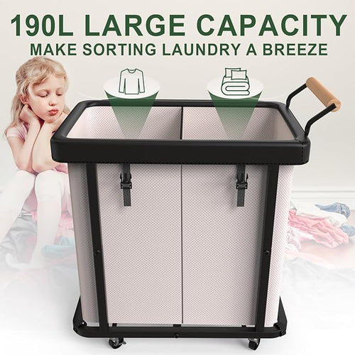 190L (50 Gal) Extra Large Fashion Laundry Hamper 2 Section with Lid, Rolling Laundry Basket Hamper with Handle, Laundry Organizer Storage Cart with Sturdy Metal Frame for Laundry Room, Hotel,White