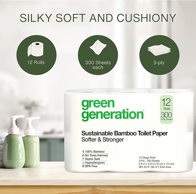 Green Generation Bamboo Toilet Paper & Facial Tissues Bundle – 3-Ply Soft, Organic, Hypoallergenic, Septic Safe, FSC Certified